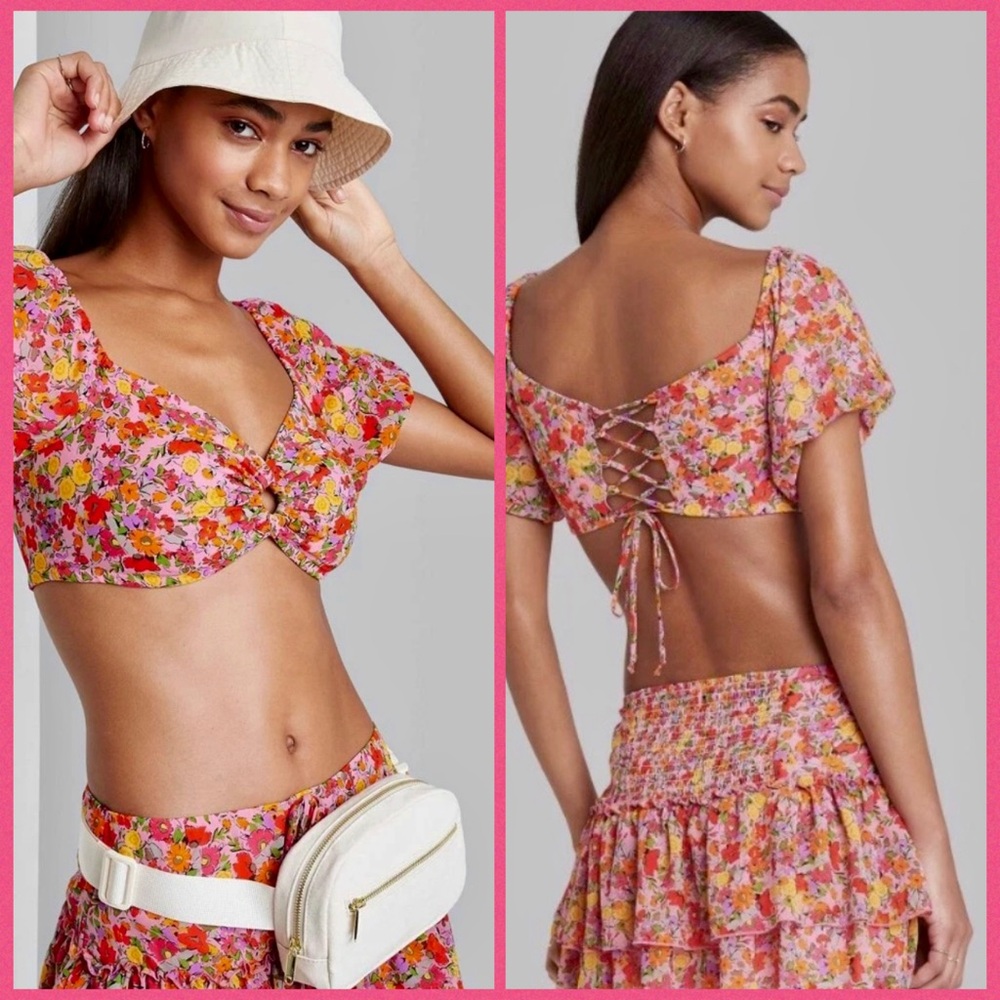 Wild Fable Floral Crop Top with Lace-Up Back Size Medium